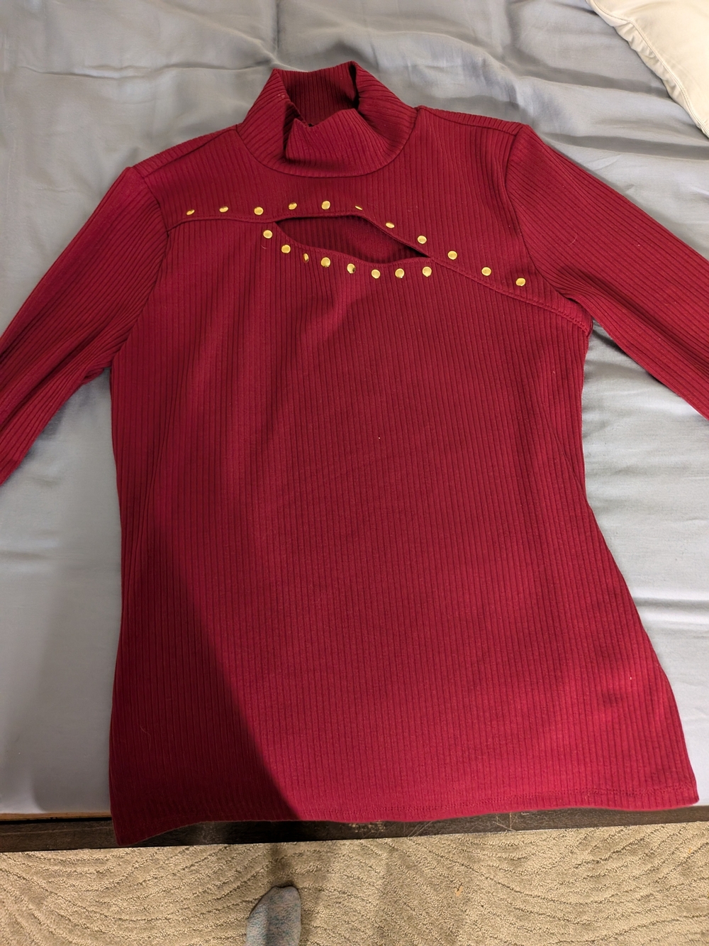 INC International Concepts Red Ribbed Turtleneck Sweater with Gold Studs